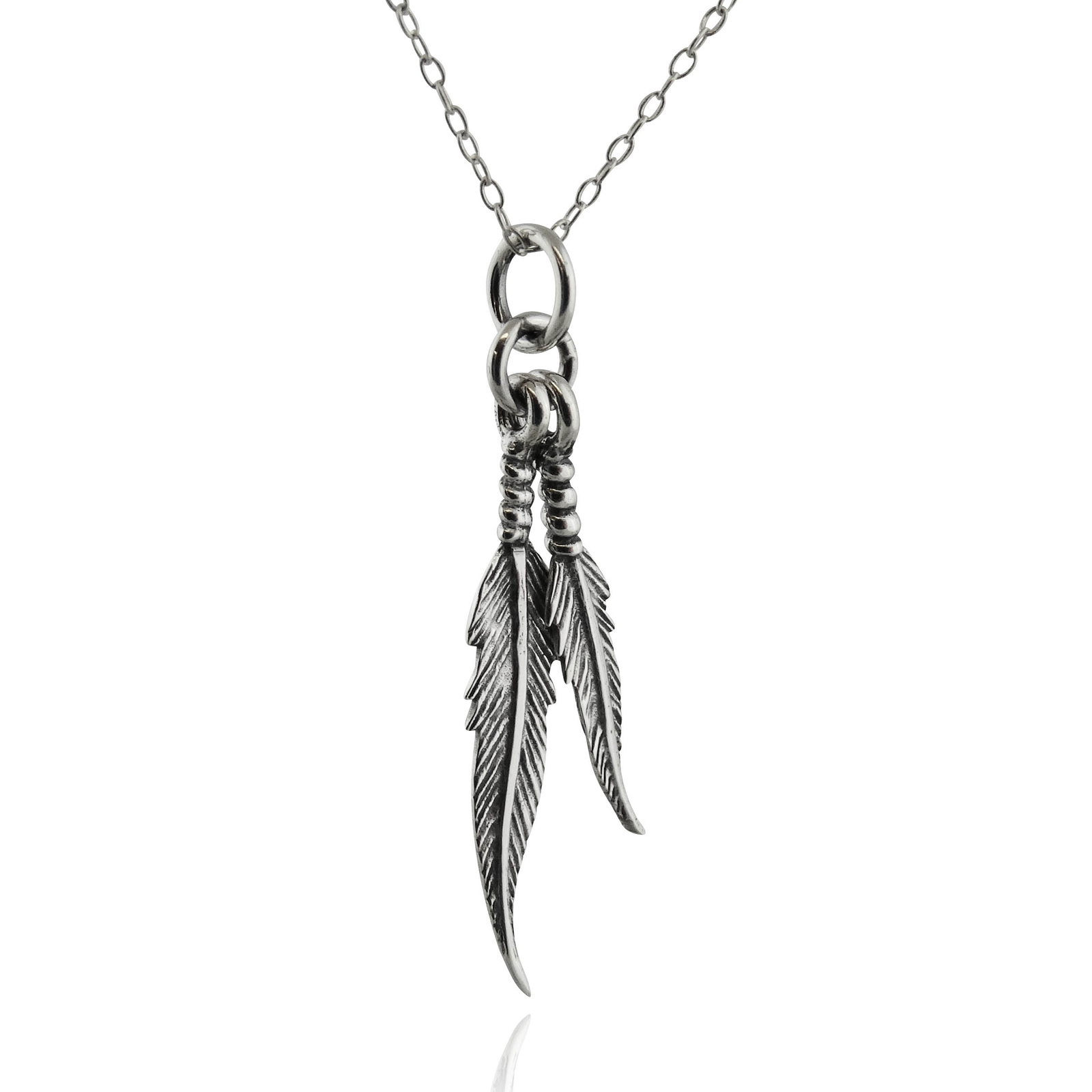 Double Feathers Necklace – 925 Sterling Silver – Pendant Feather Bird Gift NEW