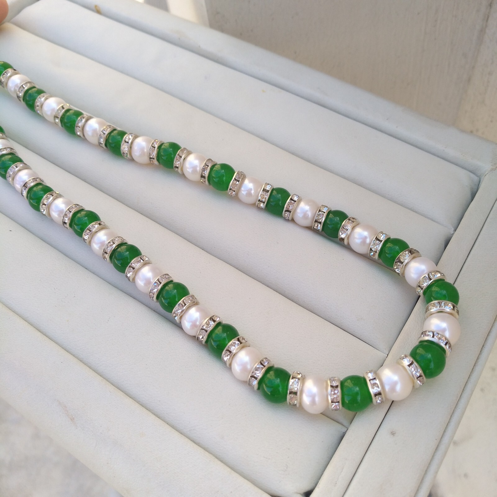 19Inch Pretty 7-8mm AAA+ South Sea White Pearl Green Jade Necklace 14k Gold P