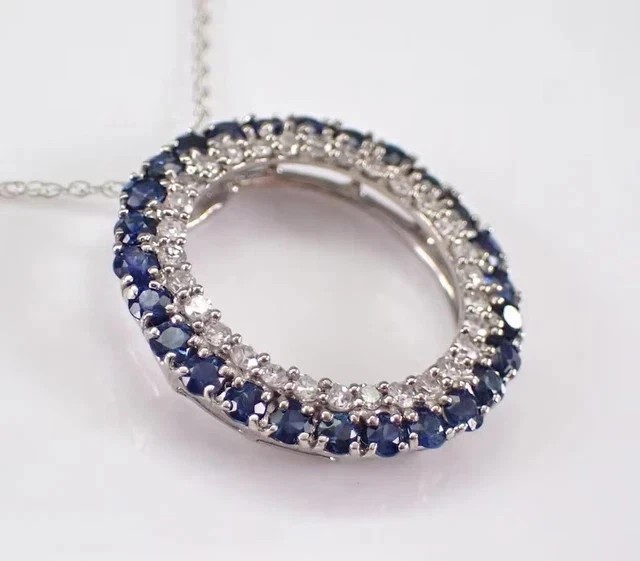 1 Ct Round Cut Lab Created Blue Sapphire Circle Pendant 14K White Gold Plated