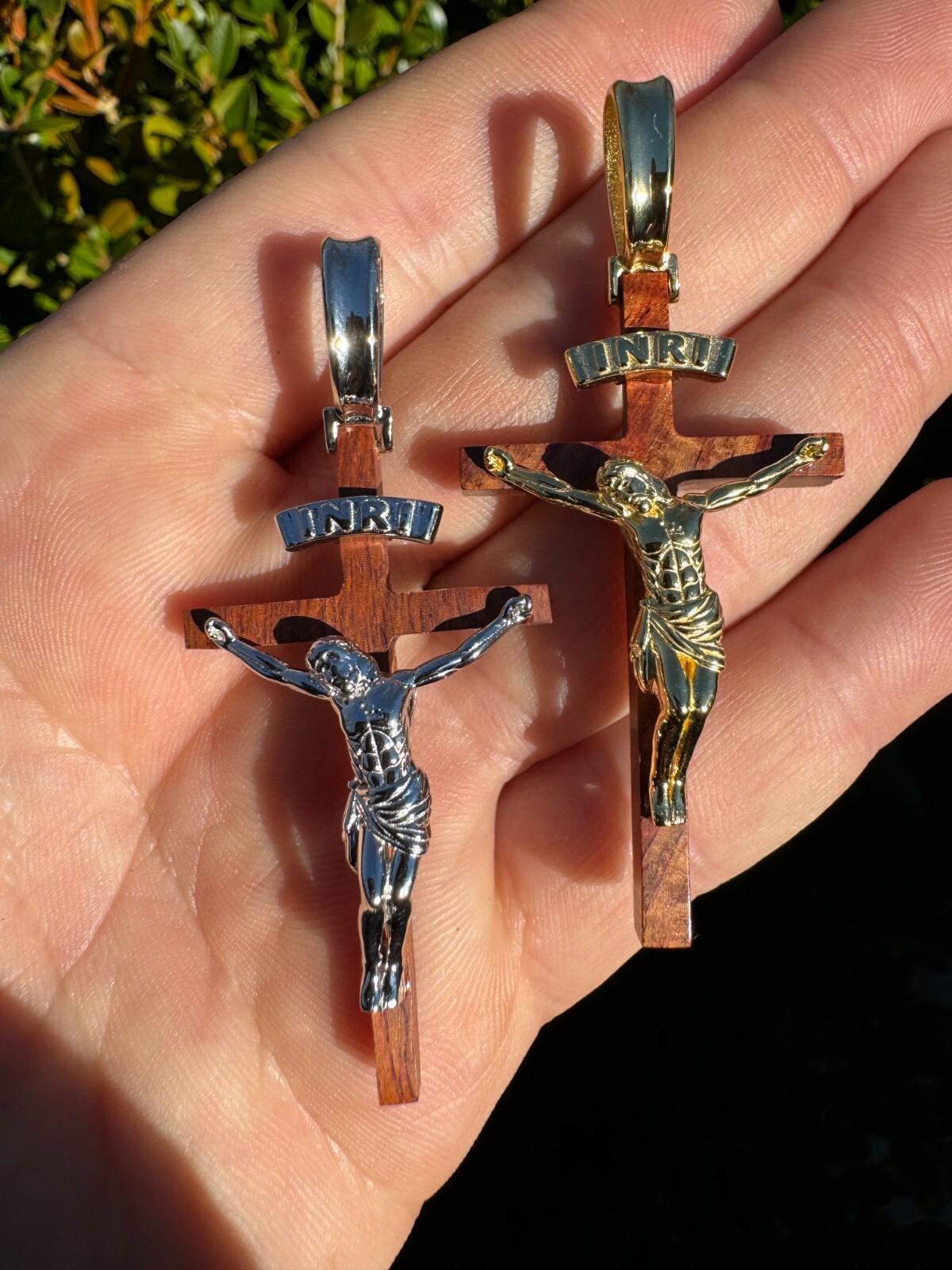 Mens Real 925 Silver & Red Cherry Walnut Wood Jesus On Cross Pendant Necklace 2″