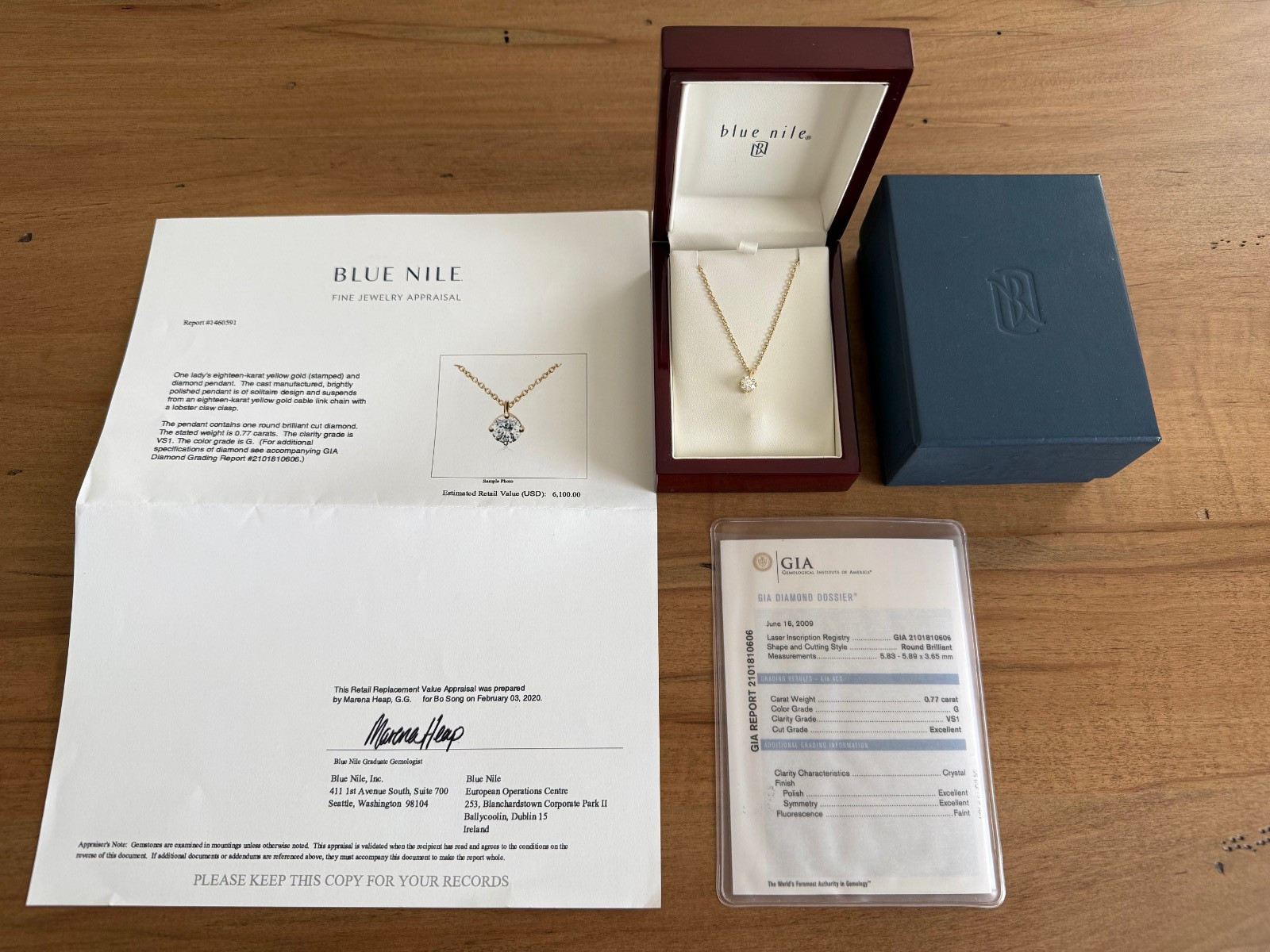 Blue Nile 18K YG Diamond Round Cut Pendant 0.77 Ct, G, VS1 With GIA Report