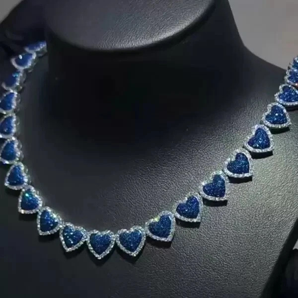 15 Ct Lab Created Blue Sapphire Diamond Tennis Heart Necklace White Gold plated