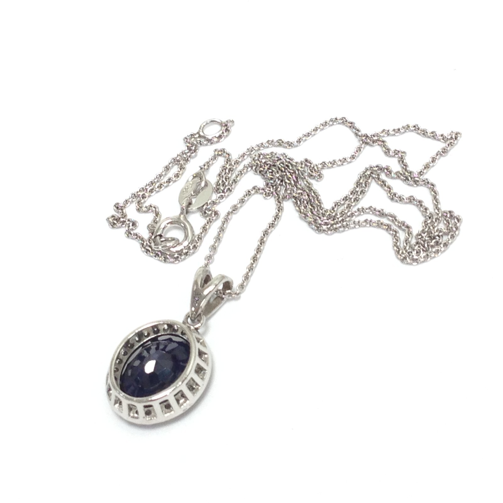 Unsigned 925 Sterling Silver Dark Blue Stone Pendant Necklace 16″ & 17″ Jewelry