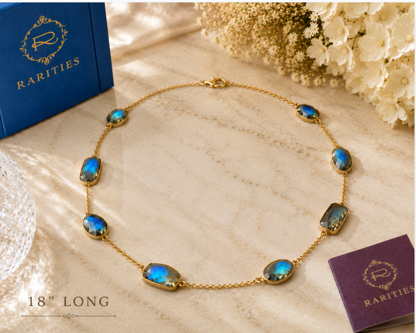 RARITIES Carol Brodie Labradorite Station Necklace 18″ Gold Vermeil NIB Card
