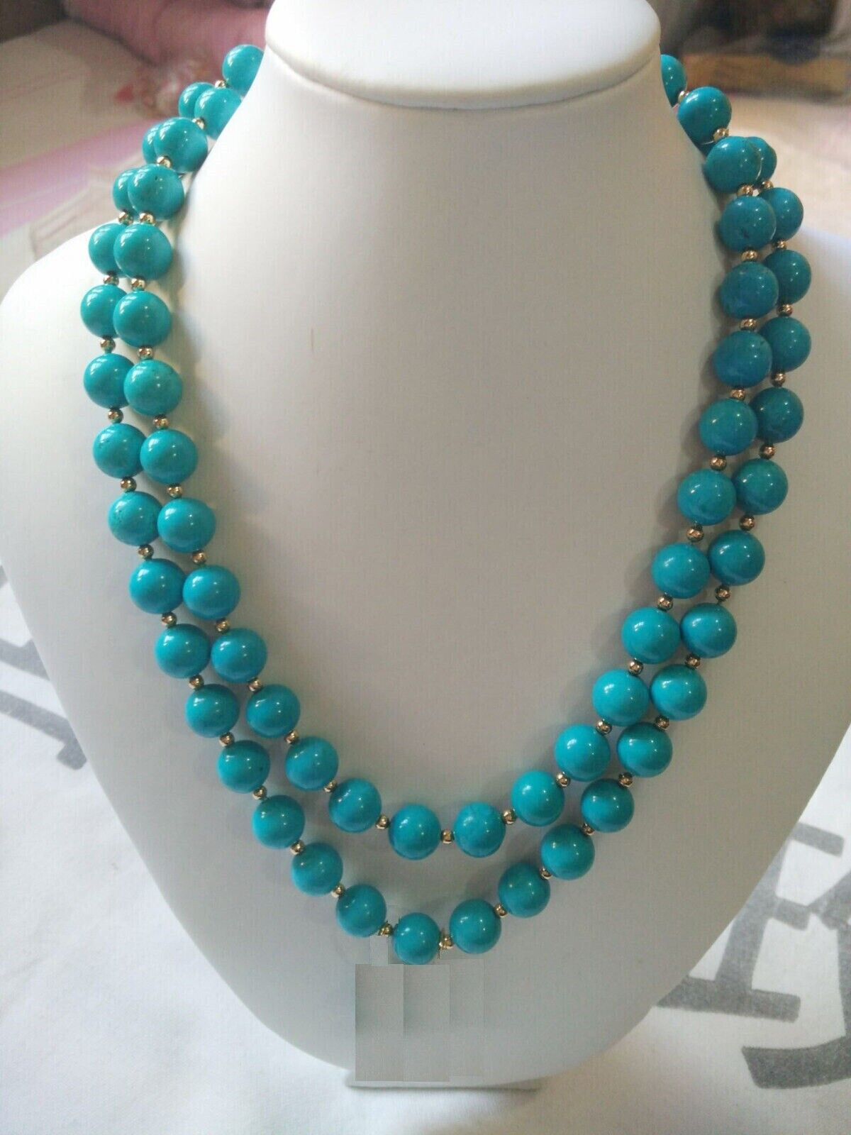 36 Inch Stunning AAA 10mm Real Natural Green Blue Turquoise Necklace 14k Gold P