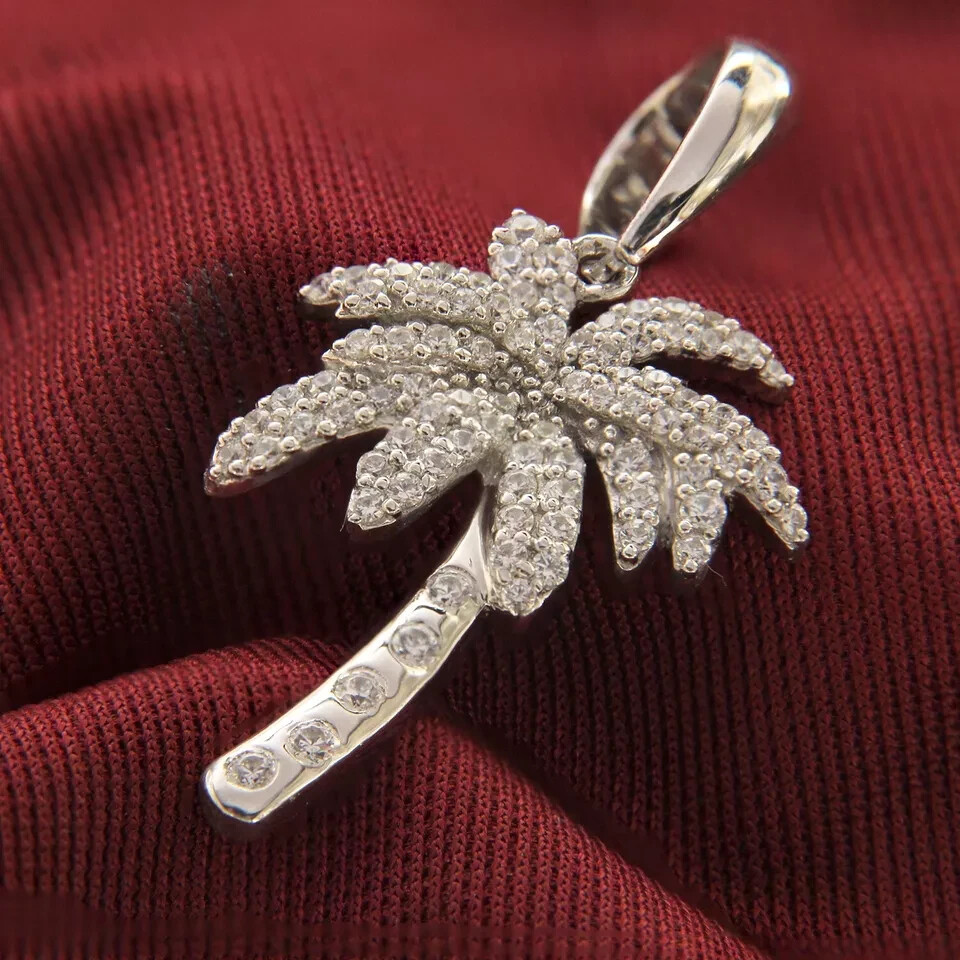 1.50CT Real Moissanite Palm Tree Shape Pendant Necklaces 14K White Gold Plated