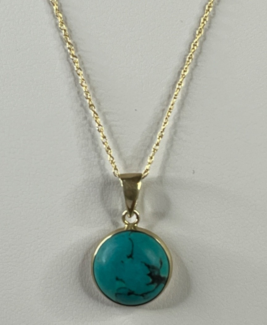 1970’s Vintage 14K Gold Robin’s Egg Turquoise Pendant & 10K Rope Chain Necklace