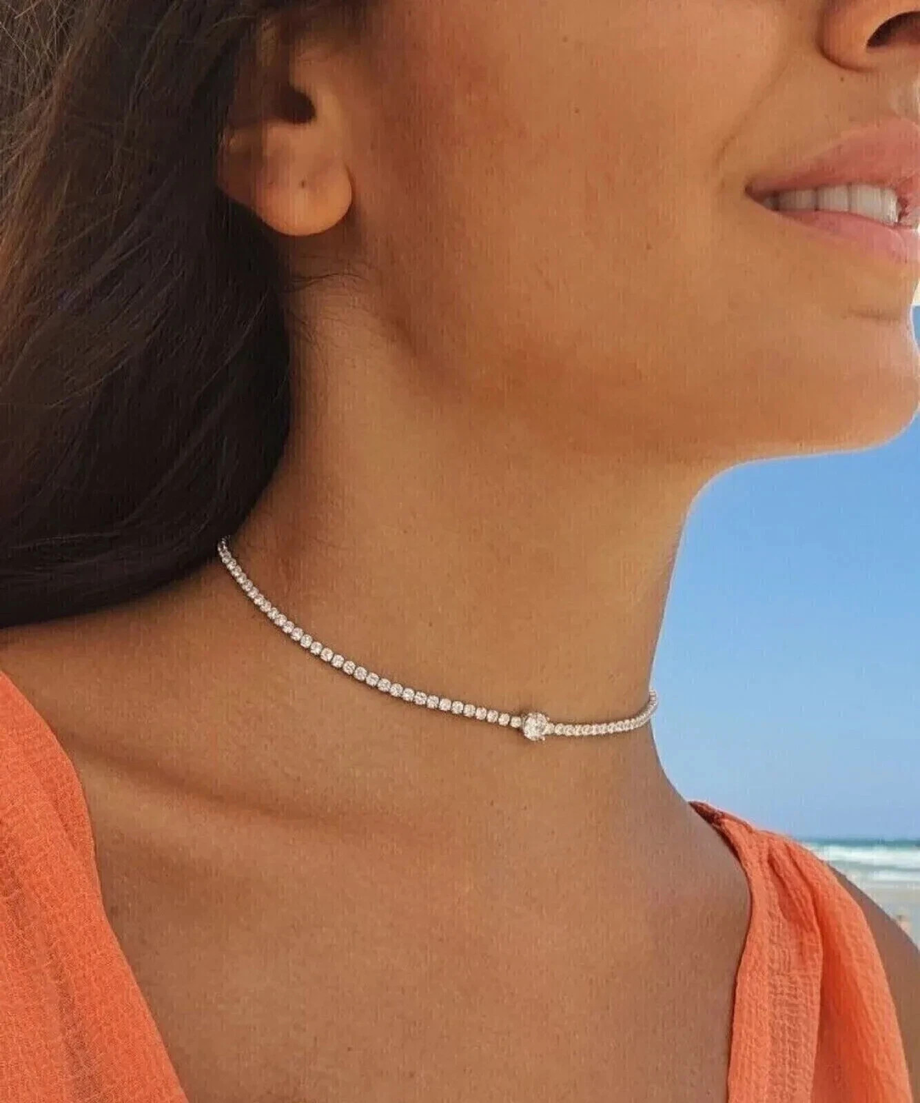 13Ct Round Cut Simulated Diamond Tennis Choker Necklace 14K White Gold Plated