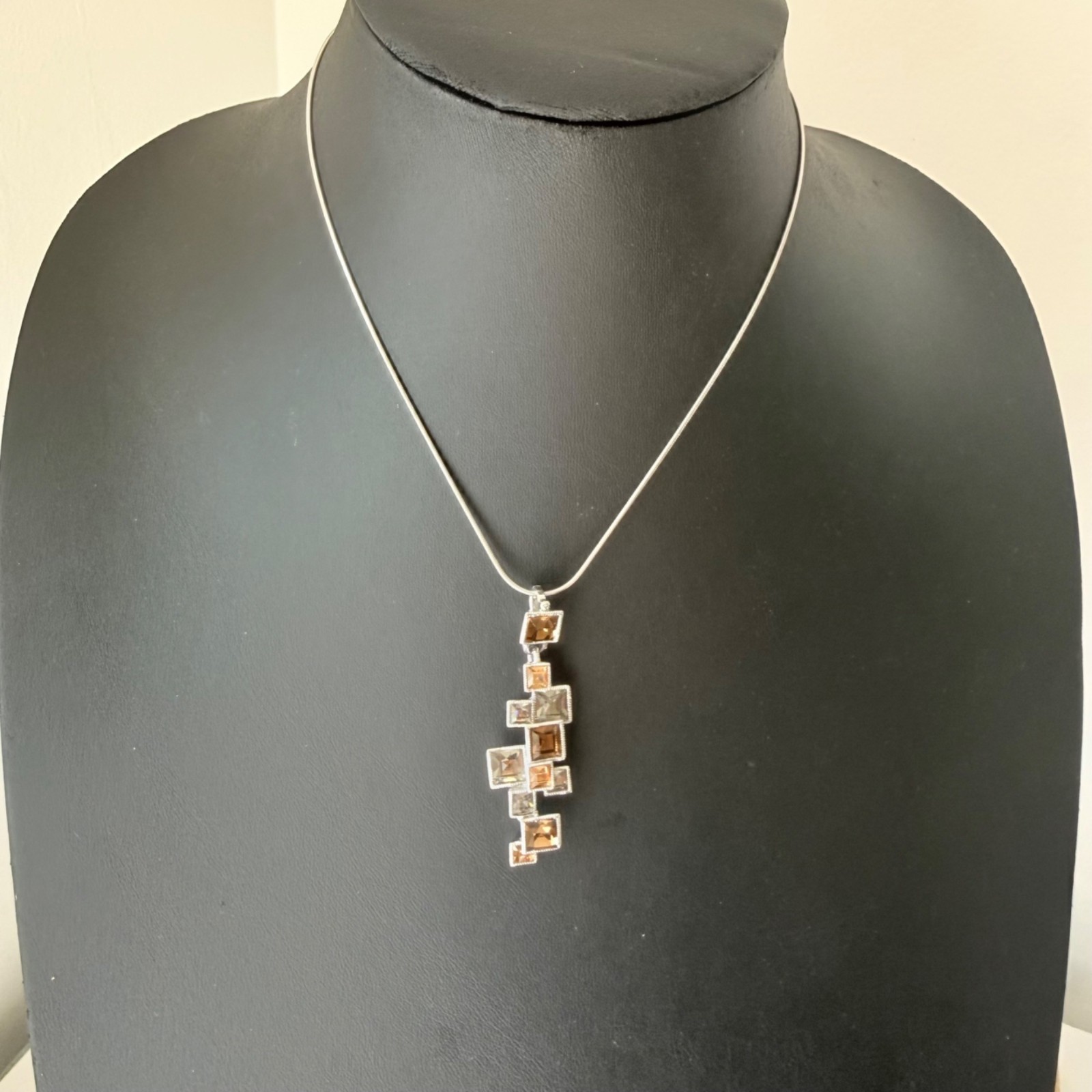 Sterling Silver Snake Chain Necklace Geometric Pendant Square Gemstones Chain