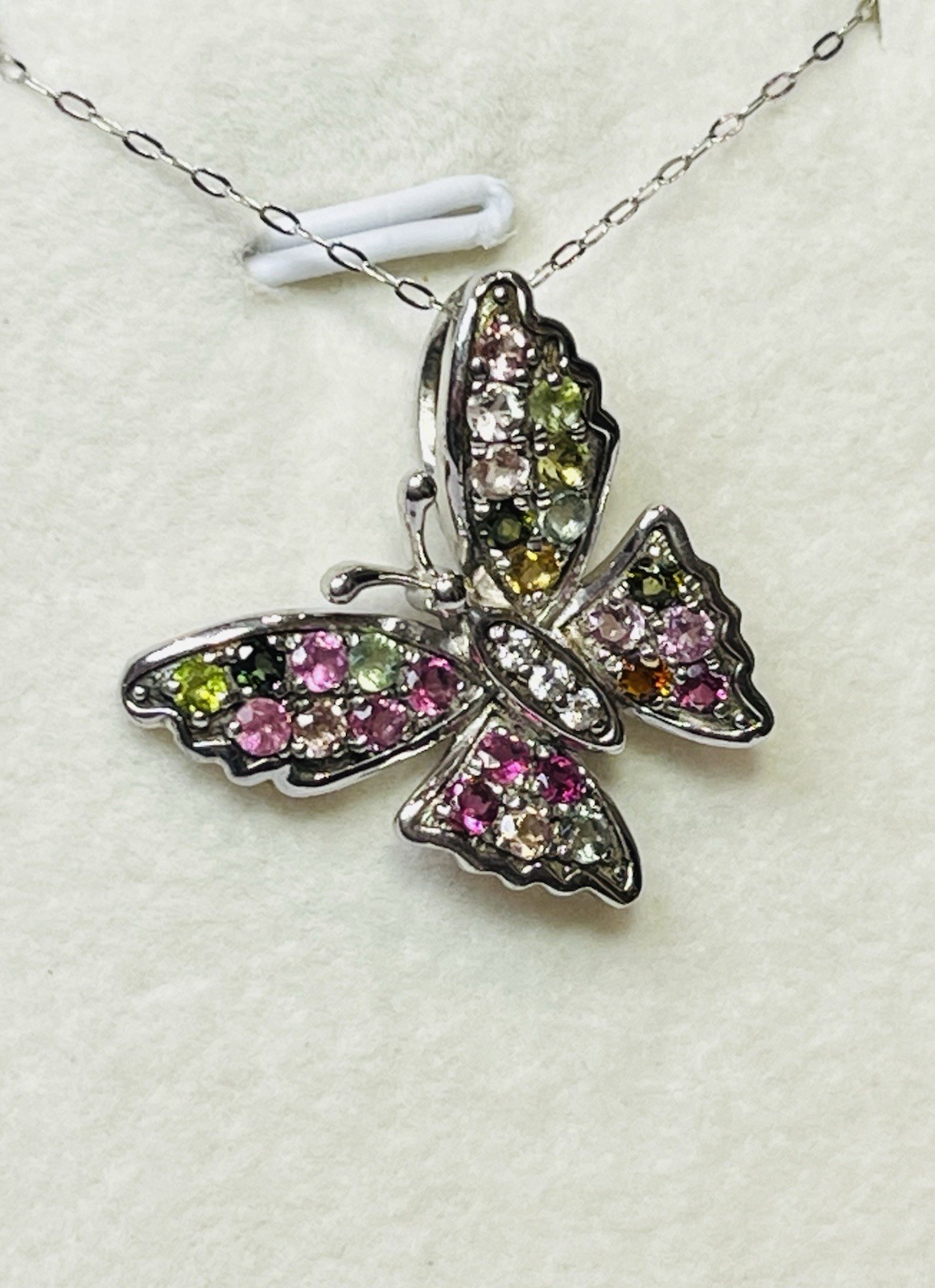 925 Sterling Silver Tourmaline Pink Green Blue Yellow Butterfly Pendant Necklace