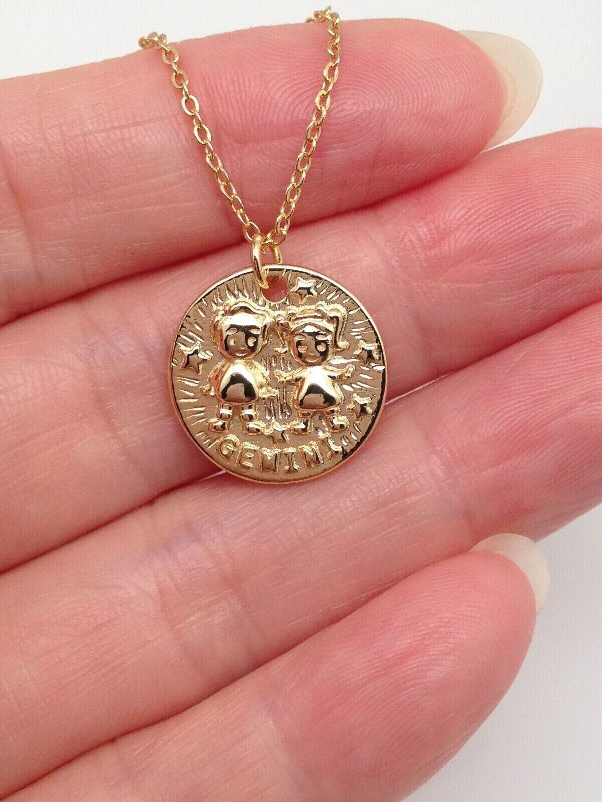 925 Sterling Silver Round Gold Zodiac Gemini Pendant Necklace Women 15mm 18″
