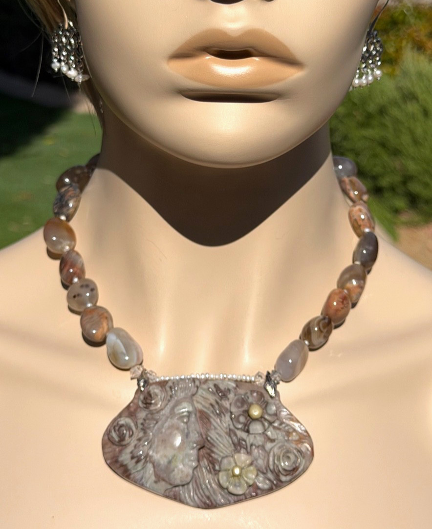 HAND CARVED EARTH MOTHER POLYCHROME JASPER PENDANT NECKLACE AND EARRING SET