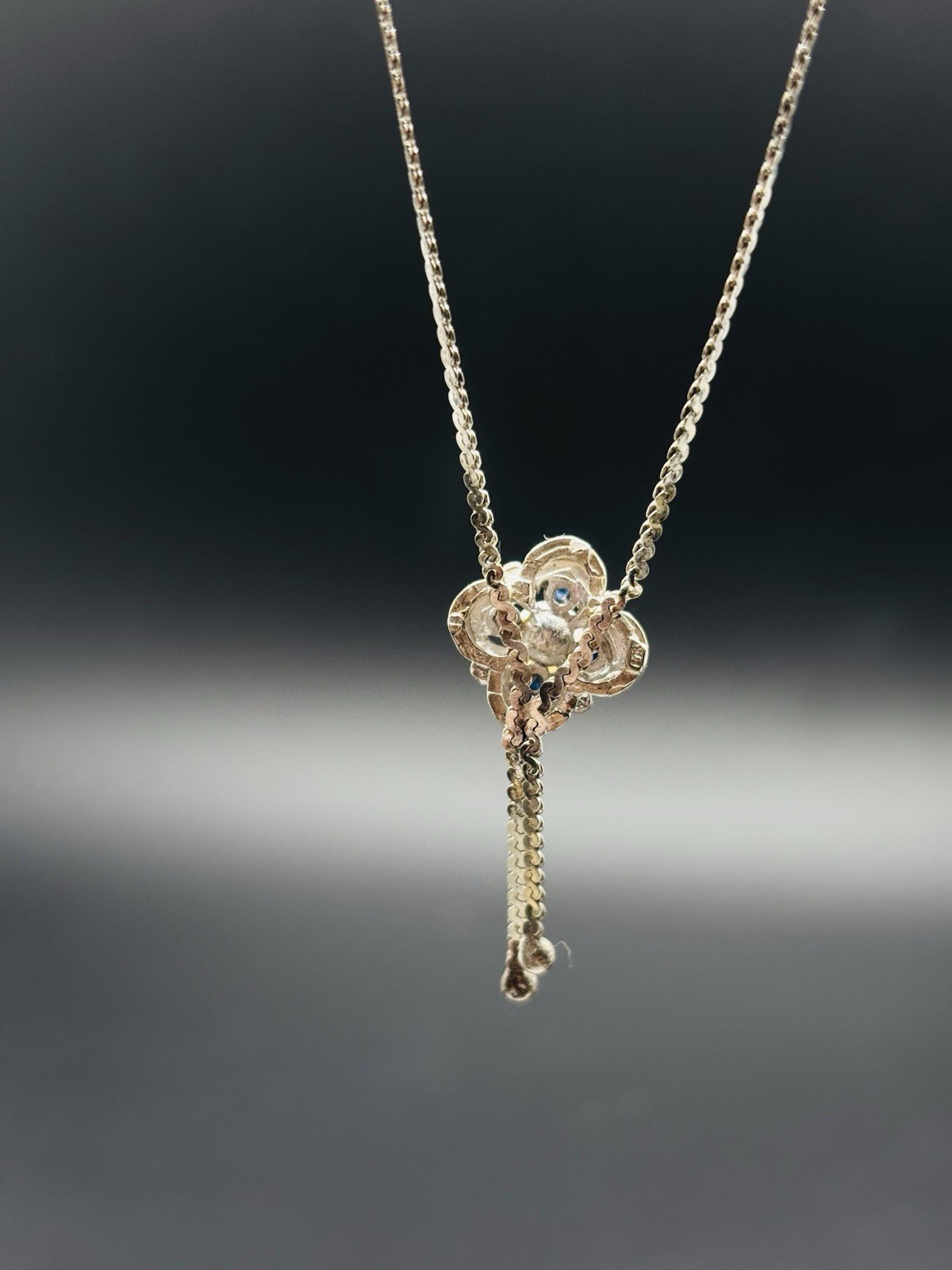 Vintage 835 German Silver Genuine Sapphire & Pearl Pendant Necklace 16.5”