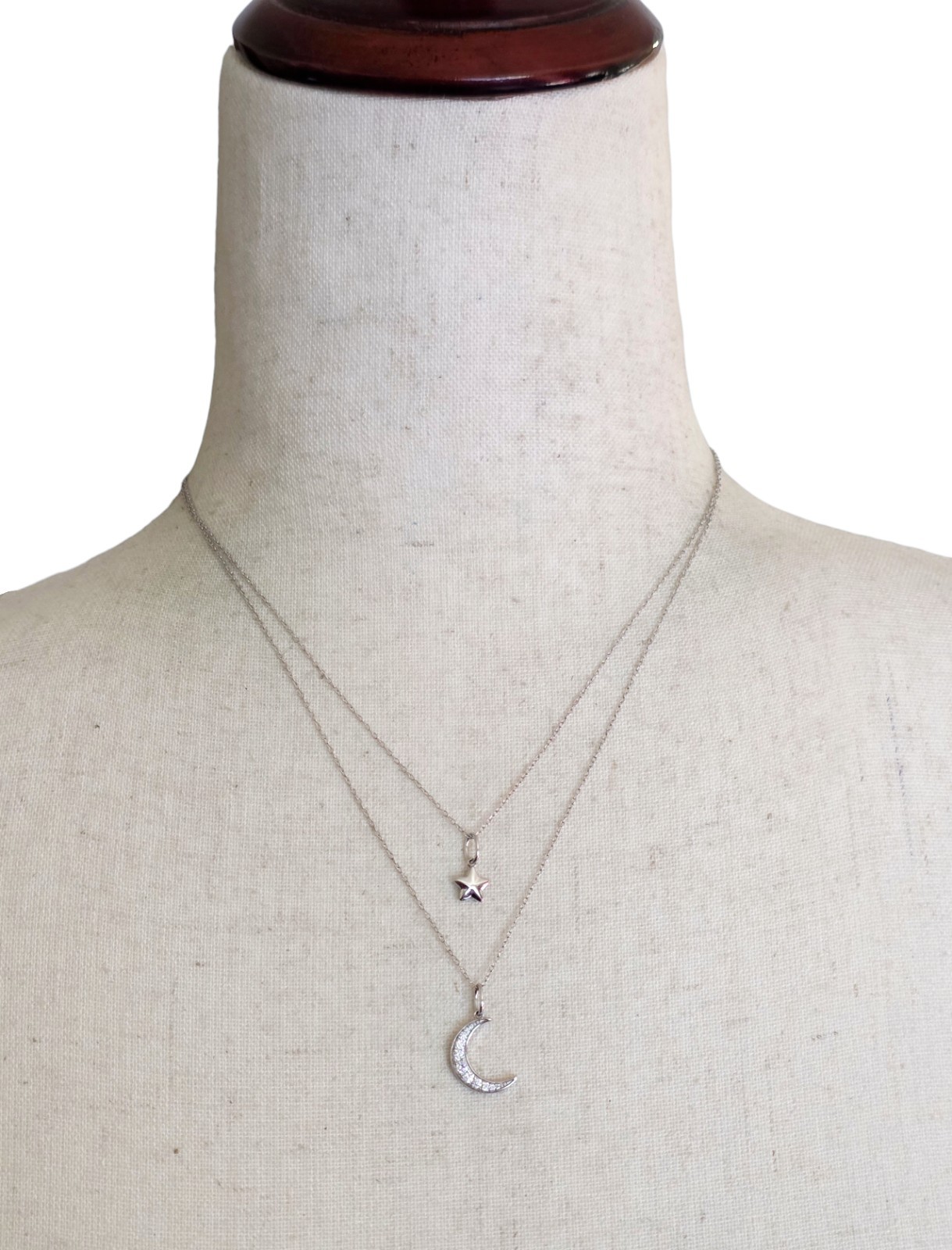 925 Sterling Silver Double Layer Necklace CZ Crescent Moon Star Pendant Choker