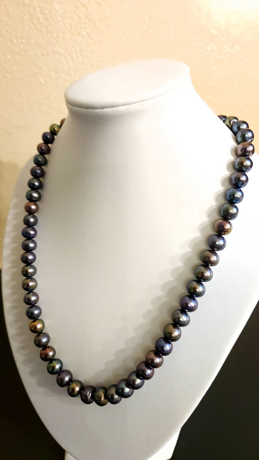 14k White Gold Multicolor Peacock Black Green Blue Tahitian Pearl Necklace 9mm