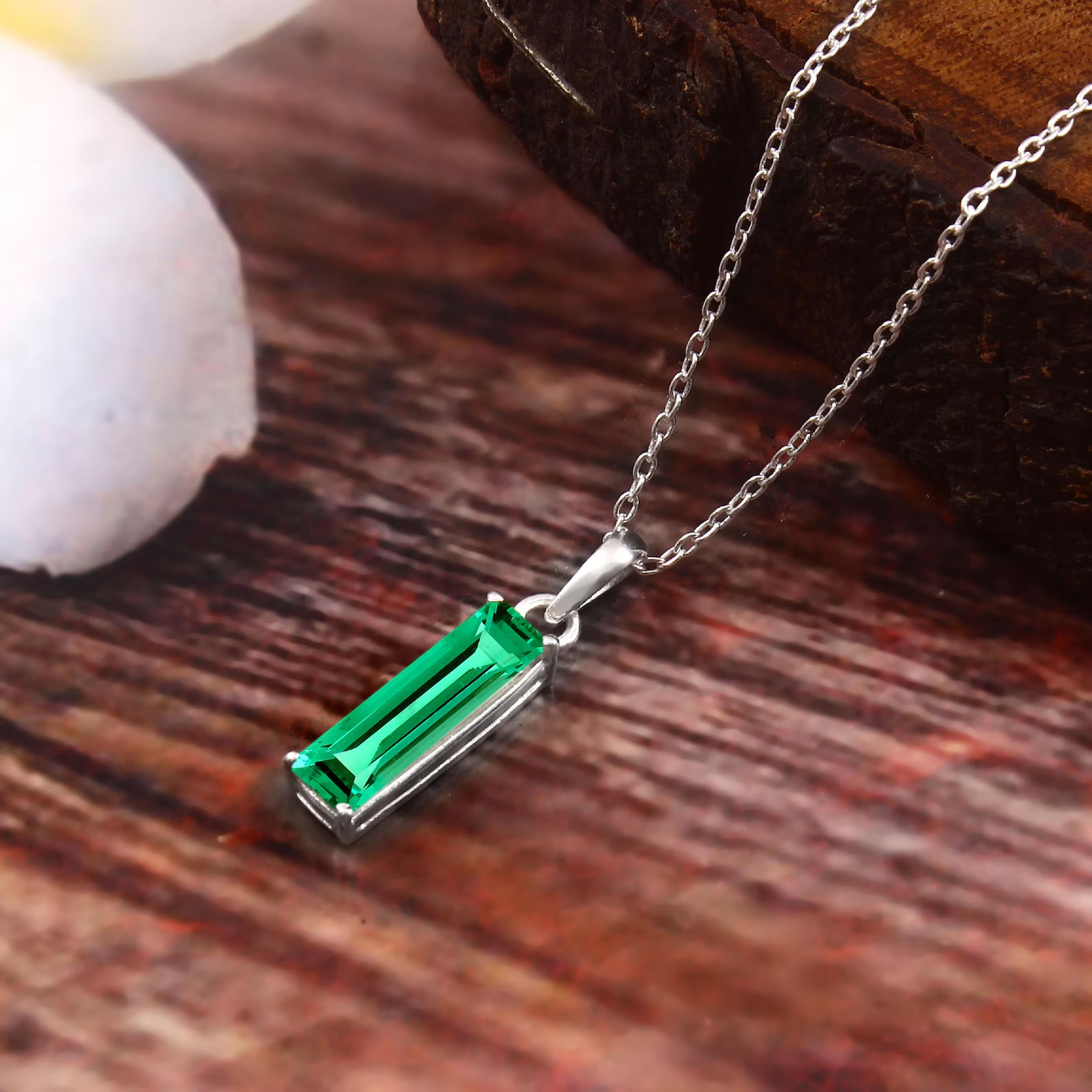 Emerald Baguette Cut Pendant Sterling Silver Necklace For man Women