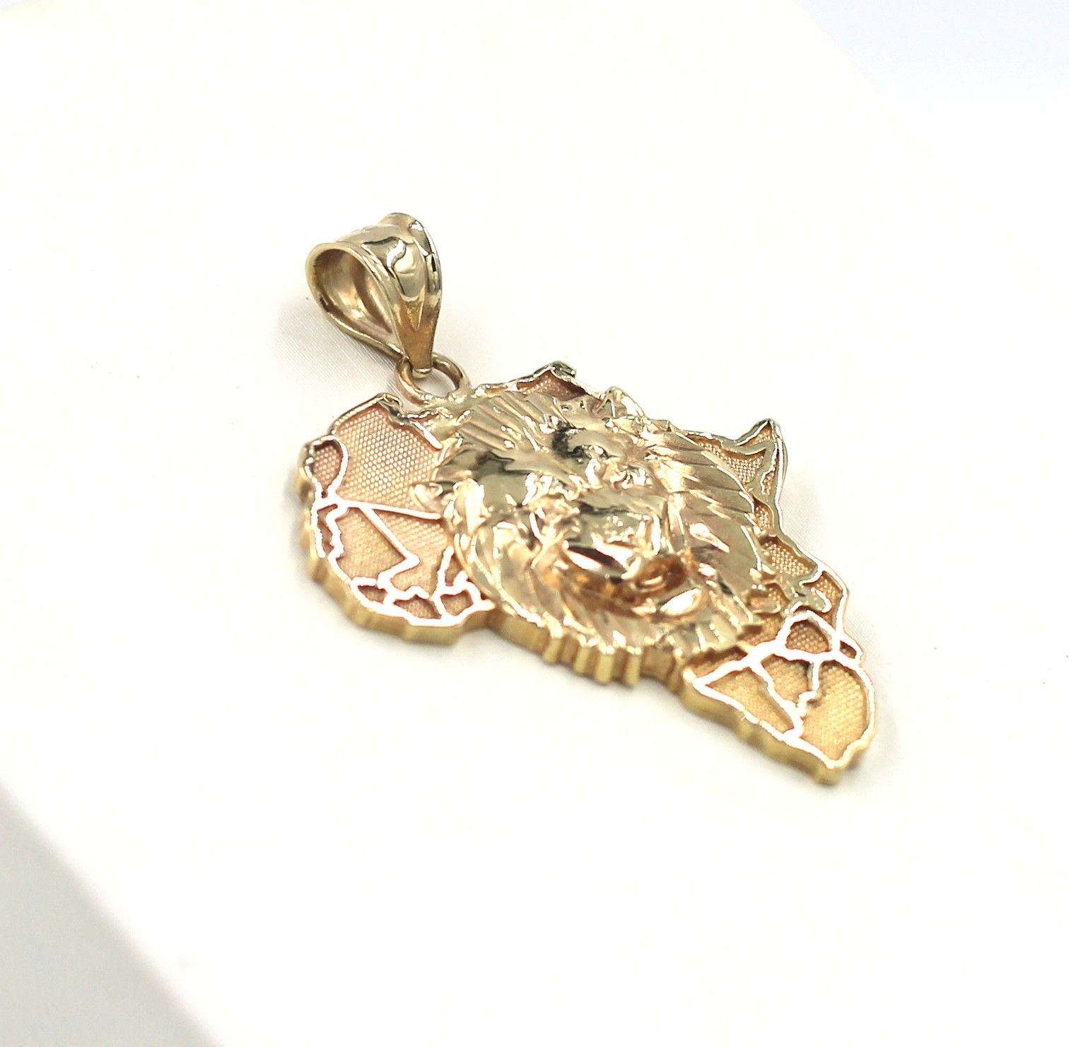 10K Yellow Gold Africa Map Lion Face Pendant Charm 1.5 Inch Continent 3.2g Solid