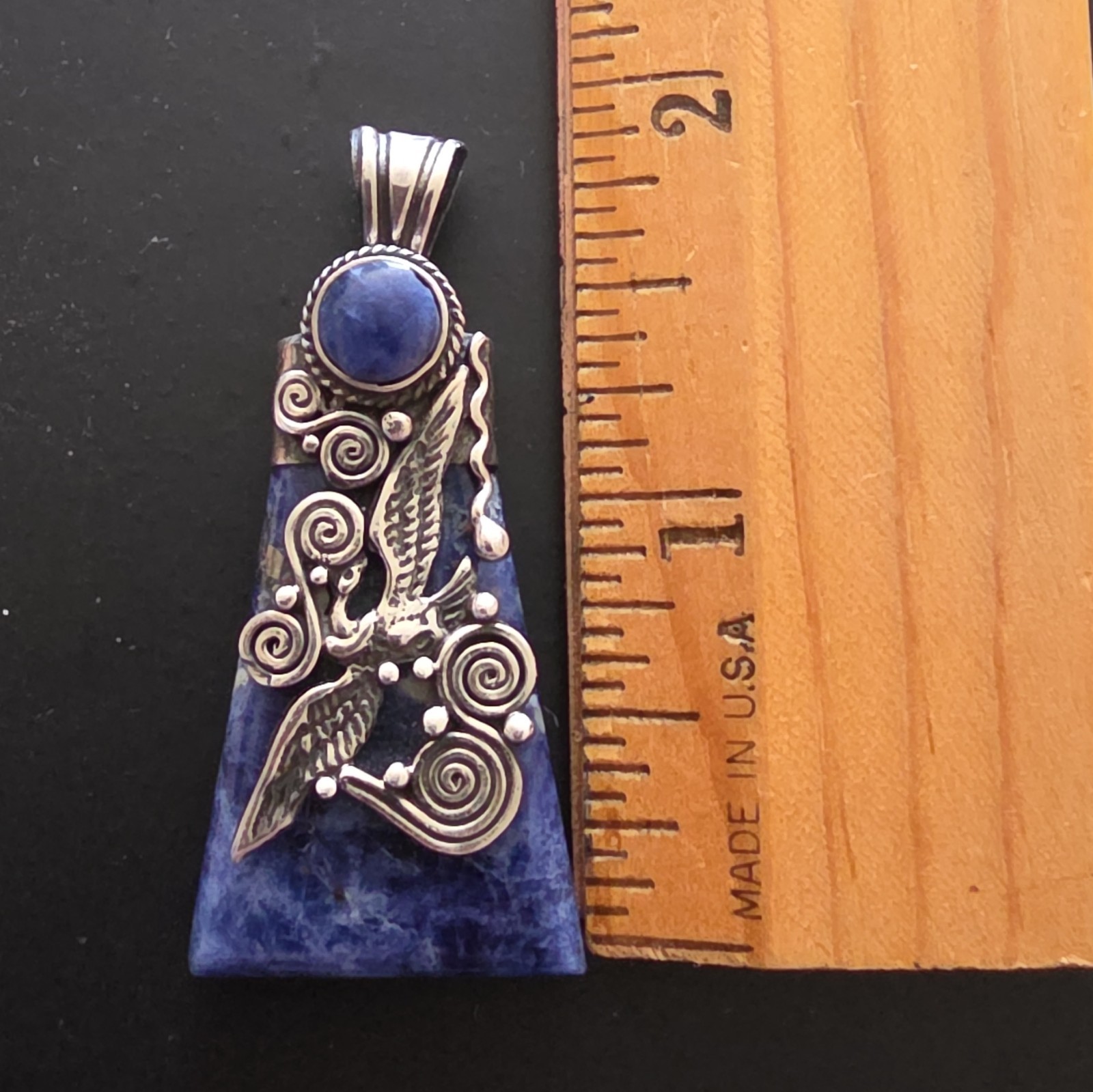 925 Sterling Silver Trapezoid Sodalite Pendant, Signed, Bezel Bird Theme