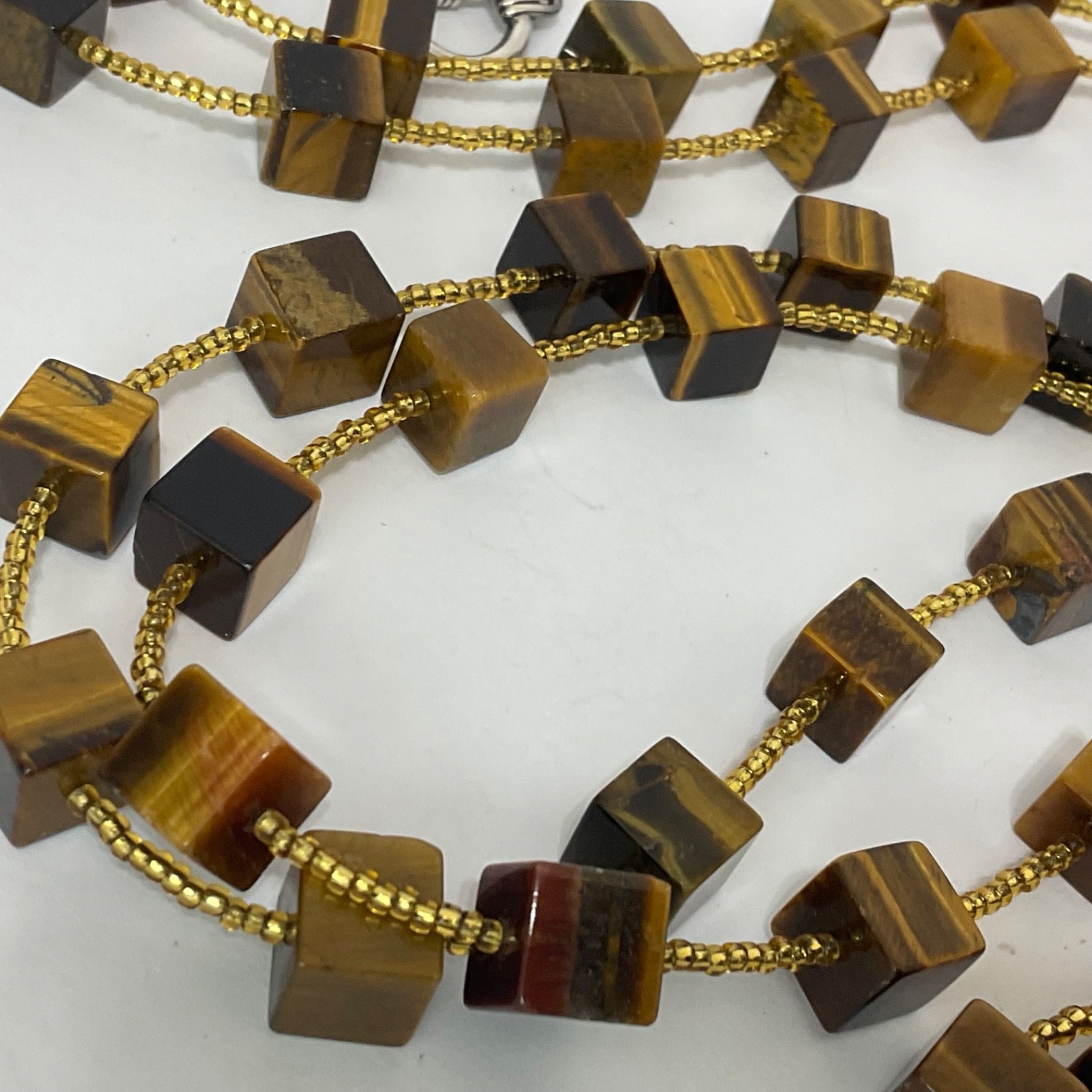 Genuine Tiger’s Eye Cube & Golden Bead Necklace Sterling Silver Toggle 64″ Long