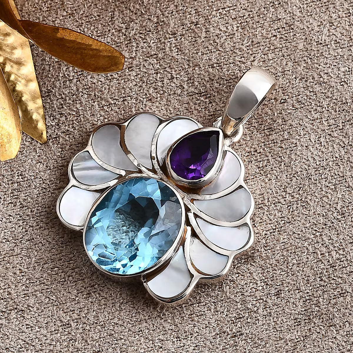 Bali Legacy White Shell Pearl, Amethyst and Blue Topaz 7.00 ctw Pendant no chain