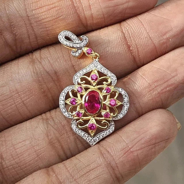 3Ct Oval Cut Lab-Created Pink Ruby Women’s Fancy Pendant 14k Yellow Gold Plated
