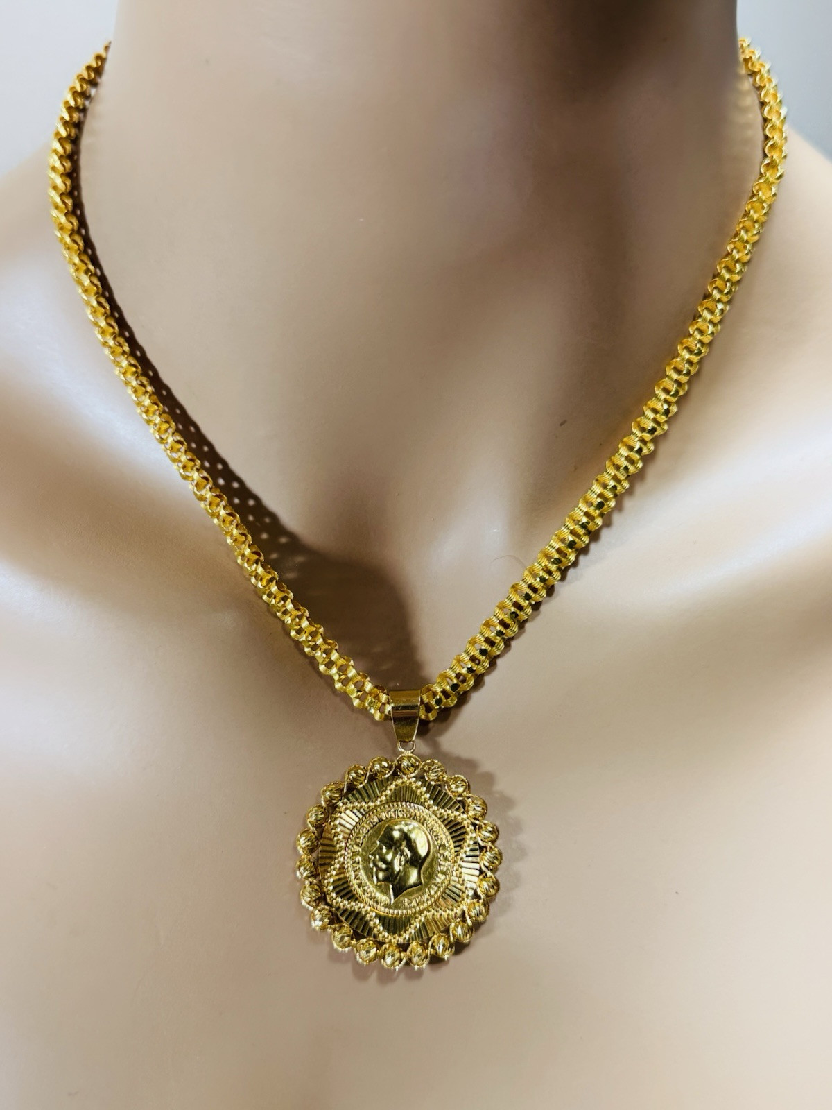 Solid Pure Genuine 22K 916 Dubai Gold Rare Coin Necklace 17.5/18 Inch 6mm 25.14g