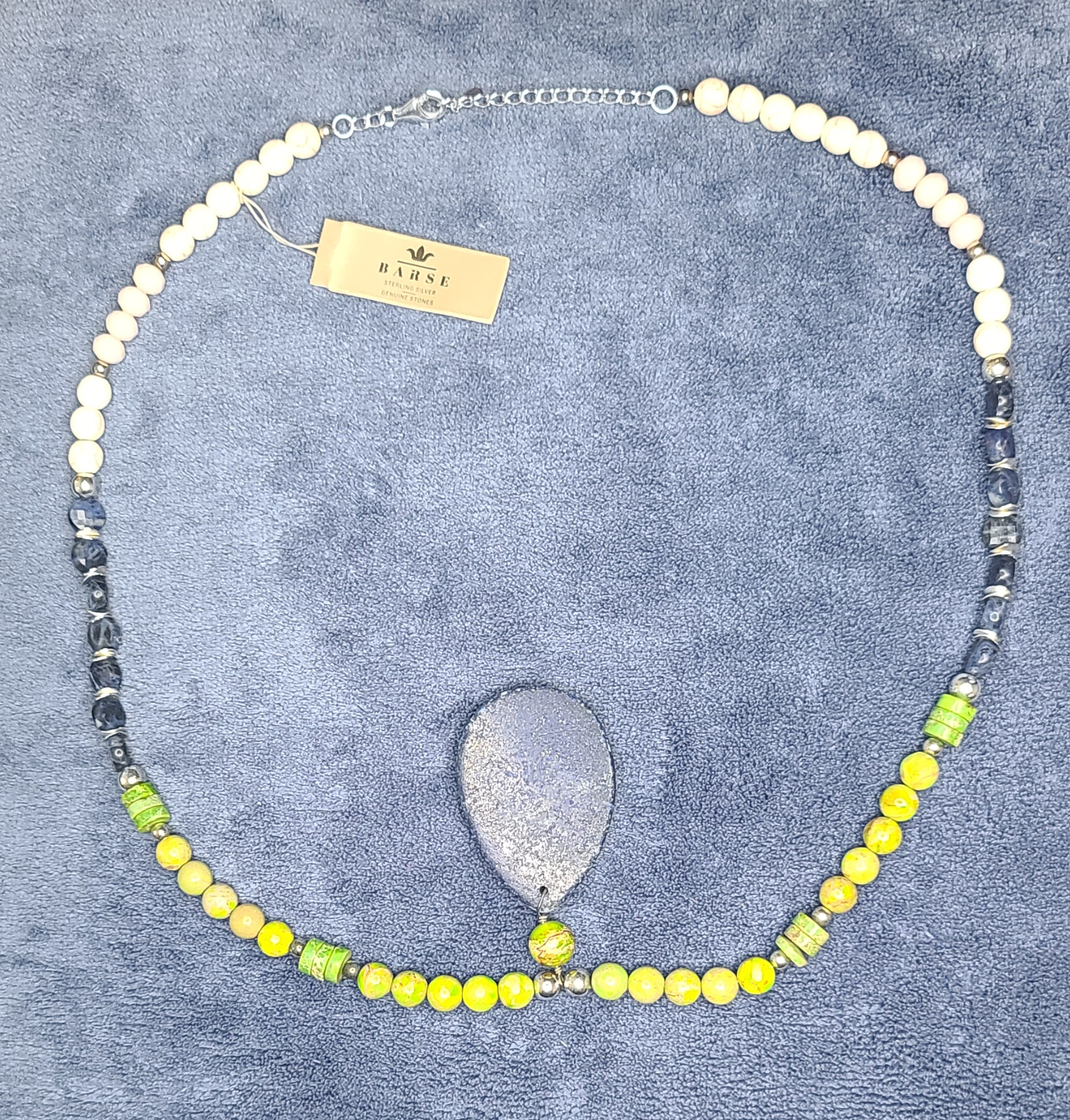 Barse Necklace Lapis Jasper Sterling Silver 925 Genuine Stones White Green Blue