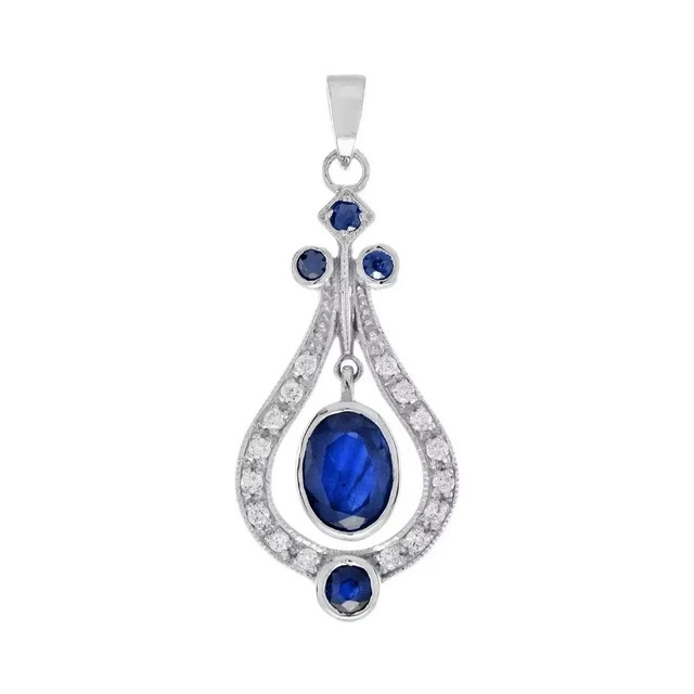 Art Deco Style Moissanite Blue Sapphire Diamond Women Pendant 14k White Gold FN