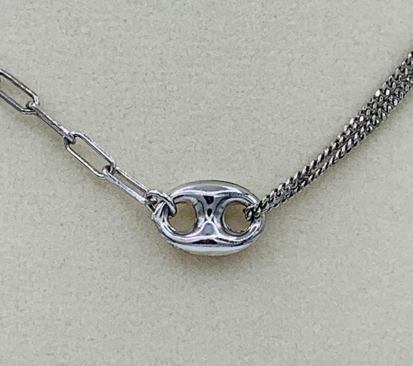 Rhodium Plt Silver Puffed Mariner Double Strand Curb & Paperclip Link Necklace