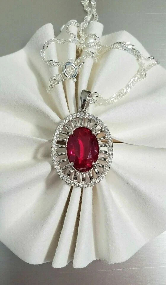 3.5Ct Oval Cut Red Ruby Halo Engagement Pendant 14K White Gold Finish Free Chain