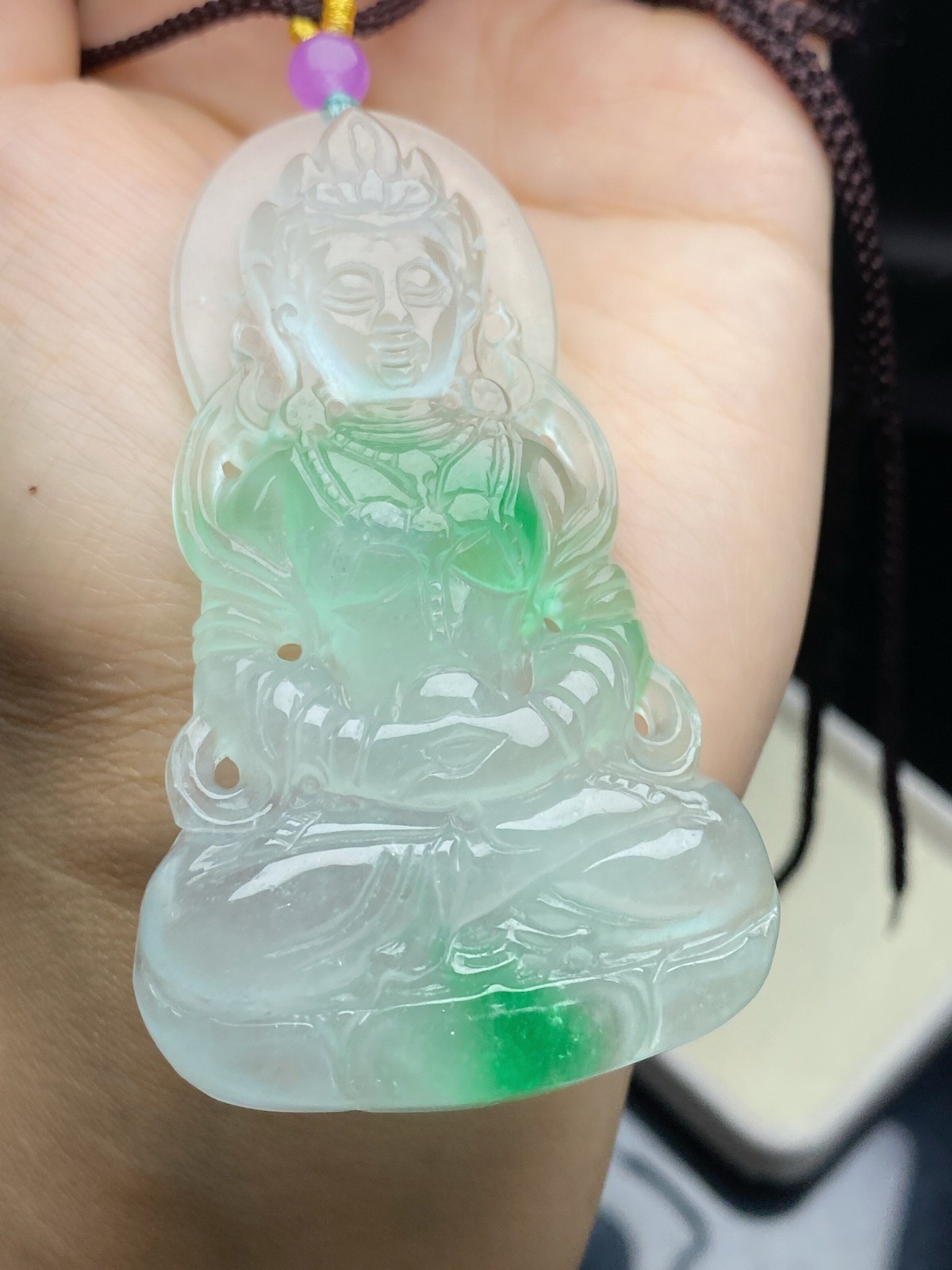 Natural Jadeite light green Carved Guanyin Lucky big Pendant jade Amulet 观音