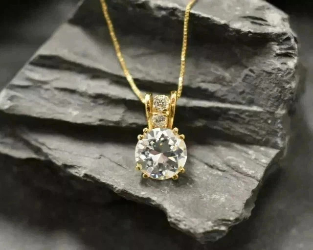 2Ct Round Cut Real Moissanite Solitaire Pendant Necklace 14k Yellow Gold Plated