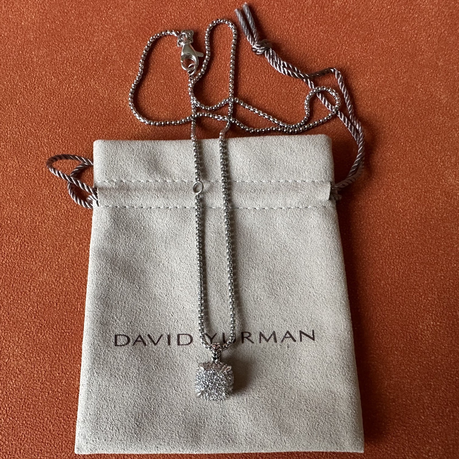 925 Sterling Silver David Yurman 2mm Pendant Necklace Pavé Diamonds 22in