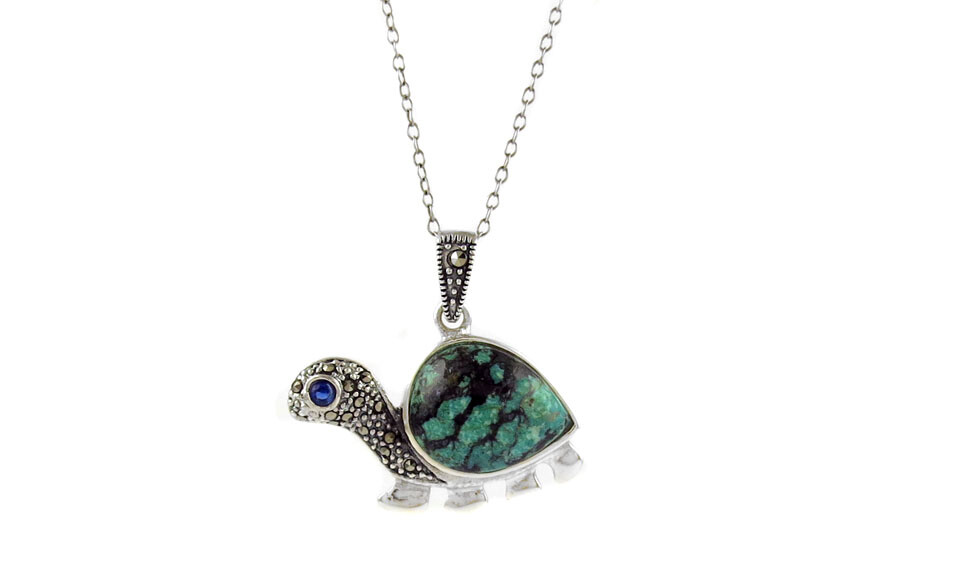 925 Sterling Silver Genuine Marcasite Turquois Turtle Pendant Necklace – 18″