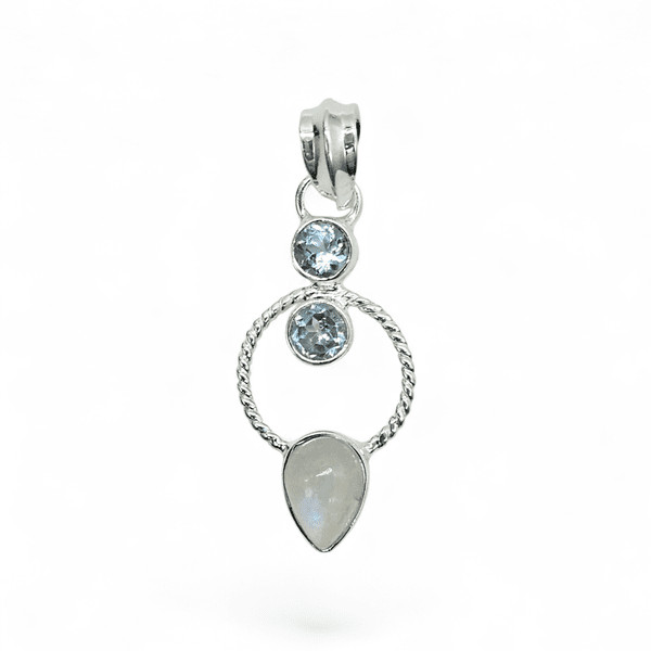 Rainbow Moonstone & Blue Topaz Pendant, Sterling Silver, June and December Birth