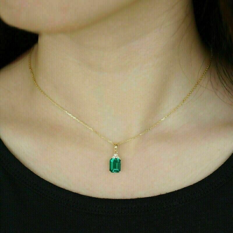 3.2Ct Emerald Lab Created Emerald Pendant 14k Yellow Gold Plated 18” Free Chain