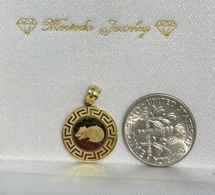 18k Solid Gold Zodiac Sign Rat Mouse Kid Adult Round Charm Pendant, 1.61 Grams