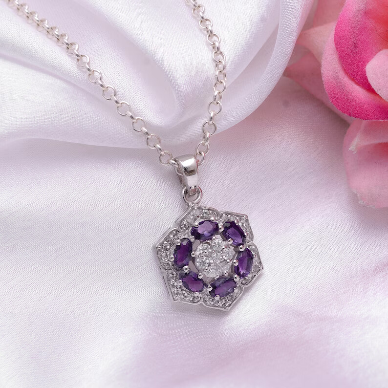 Amethyst Gemstone 925 Sterling Silver Hexagon Shape Pendant Silver Jewelry Gift