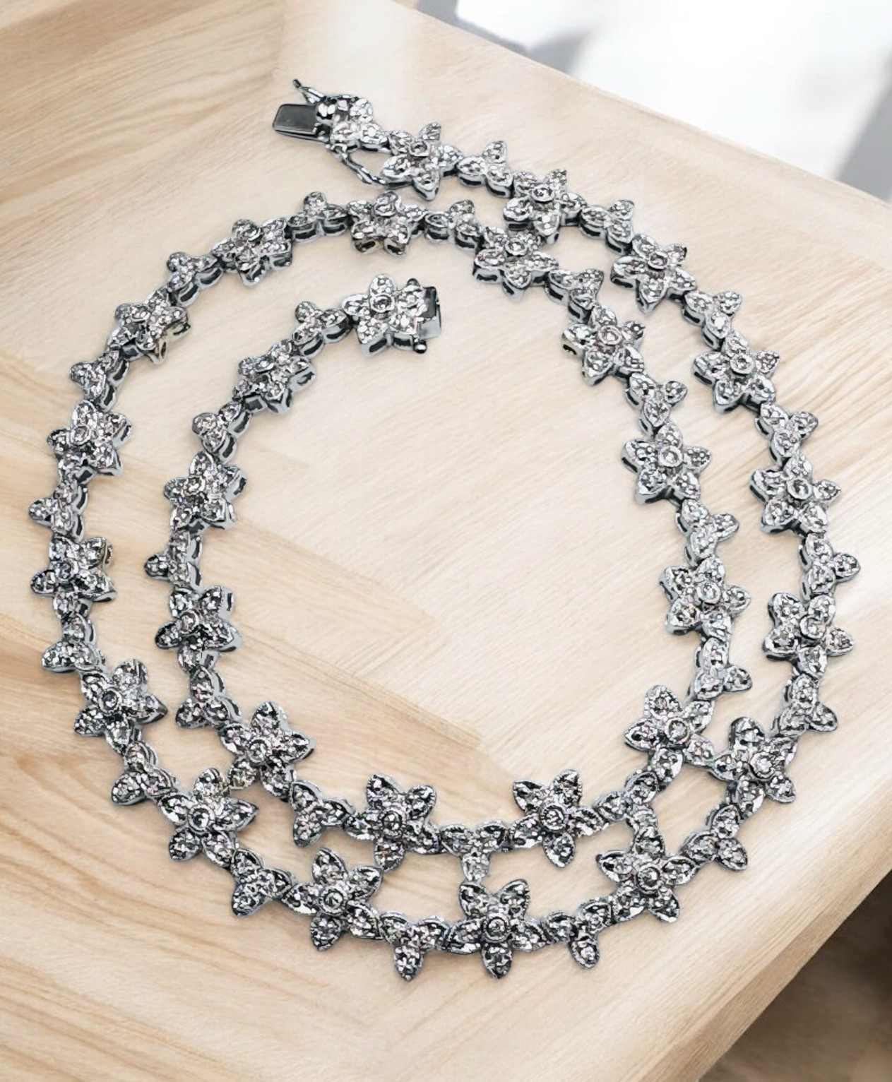 18k White Gold 1.28ctw Diamond Flower Riviere Necklace Deco Style 16″ 32g