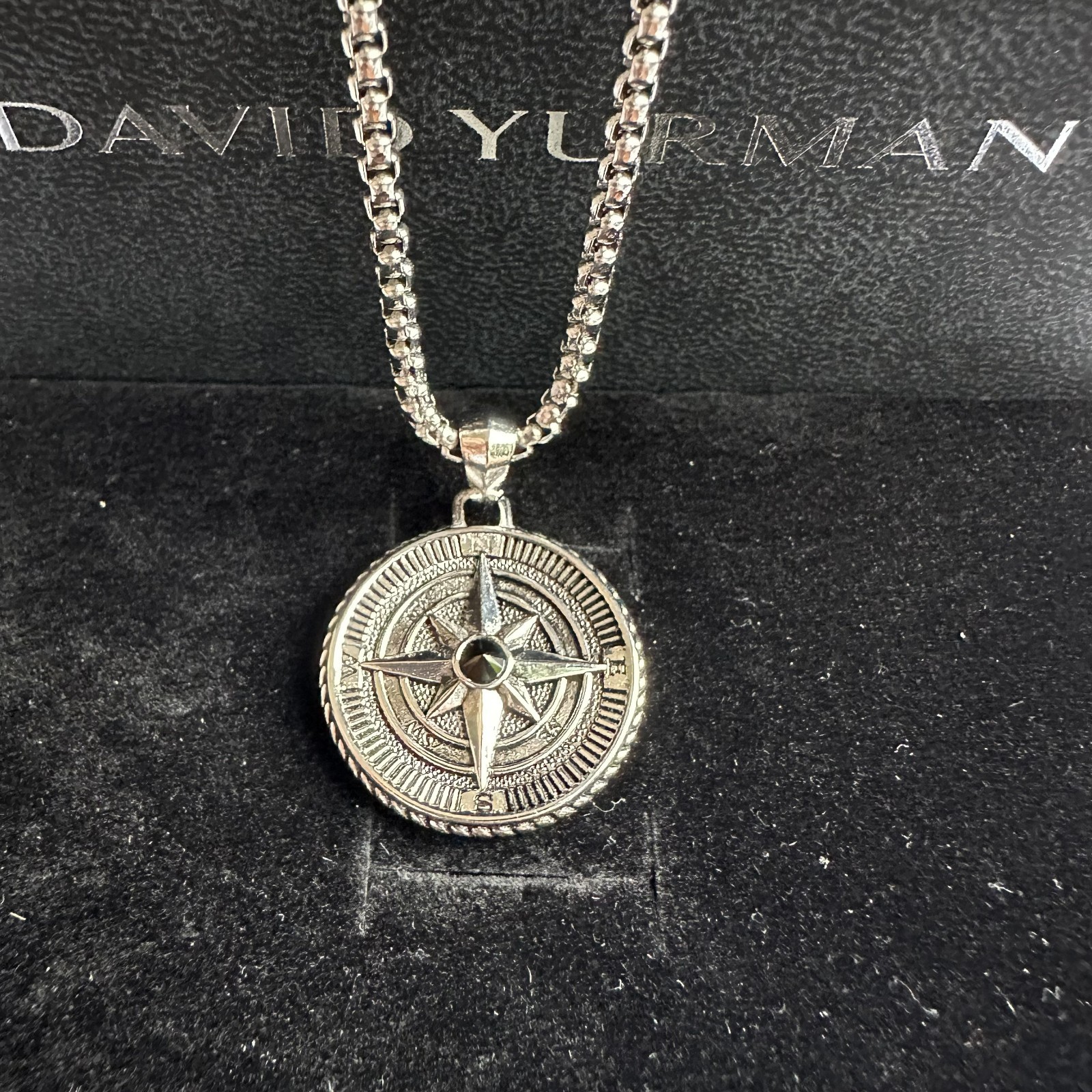 David Maritime Compass Amulet Sterling Silver with Center Black Diamond