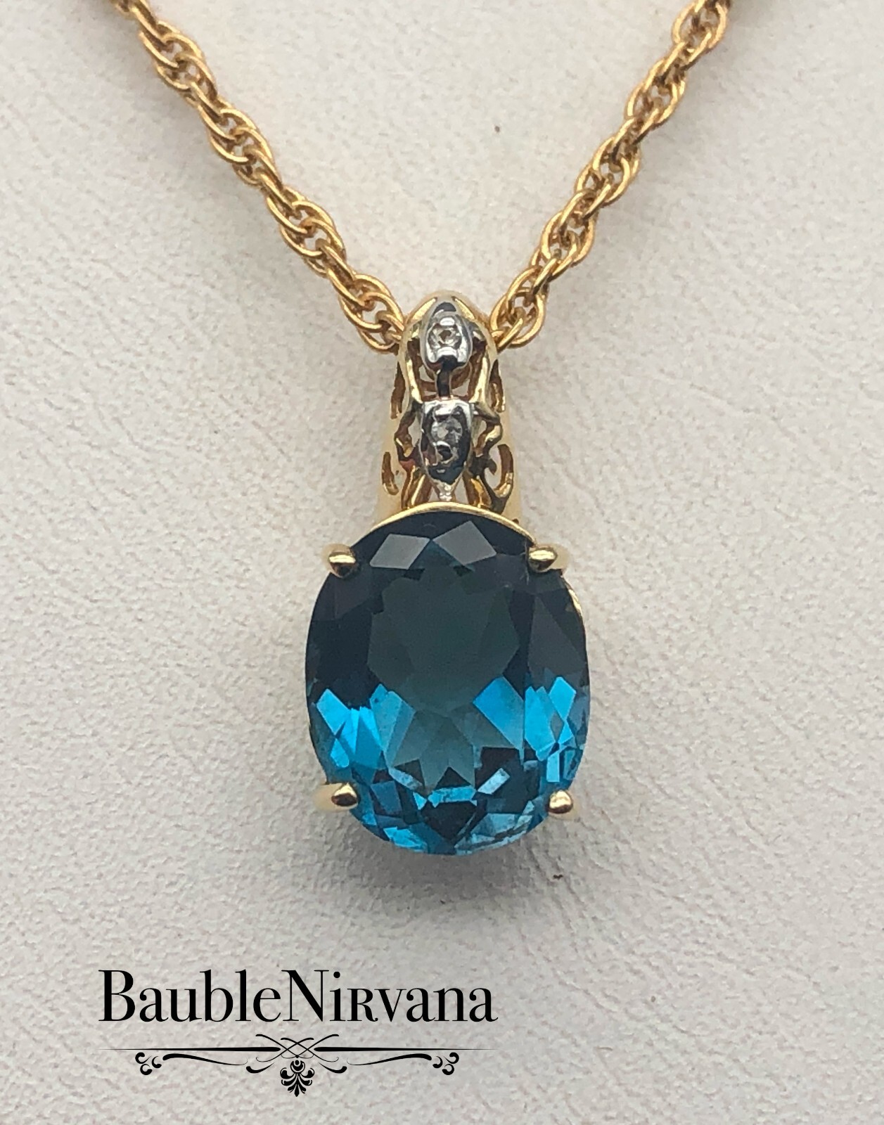 Vintage 14K Yellow & White Gold Filigree Oval Blue Topaz Pendant
