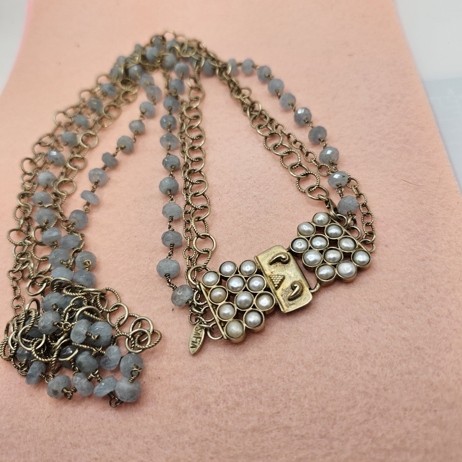 Safia Aquamarine Necklace Vintage 925 multi chain Box pearl fold over clasp 36″