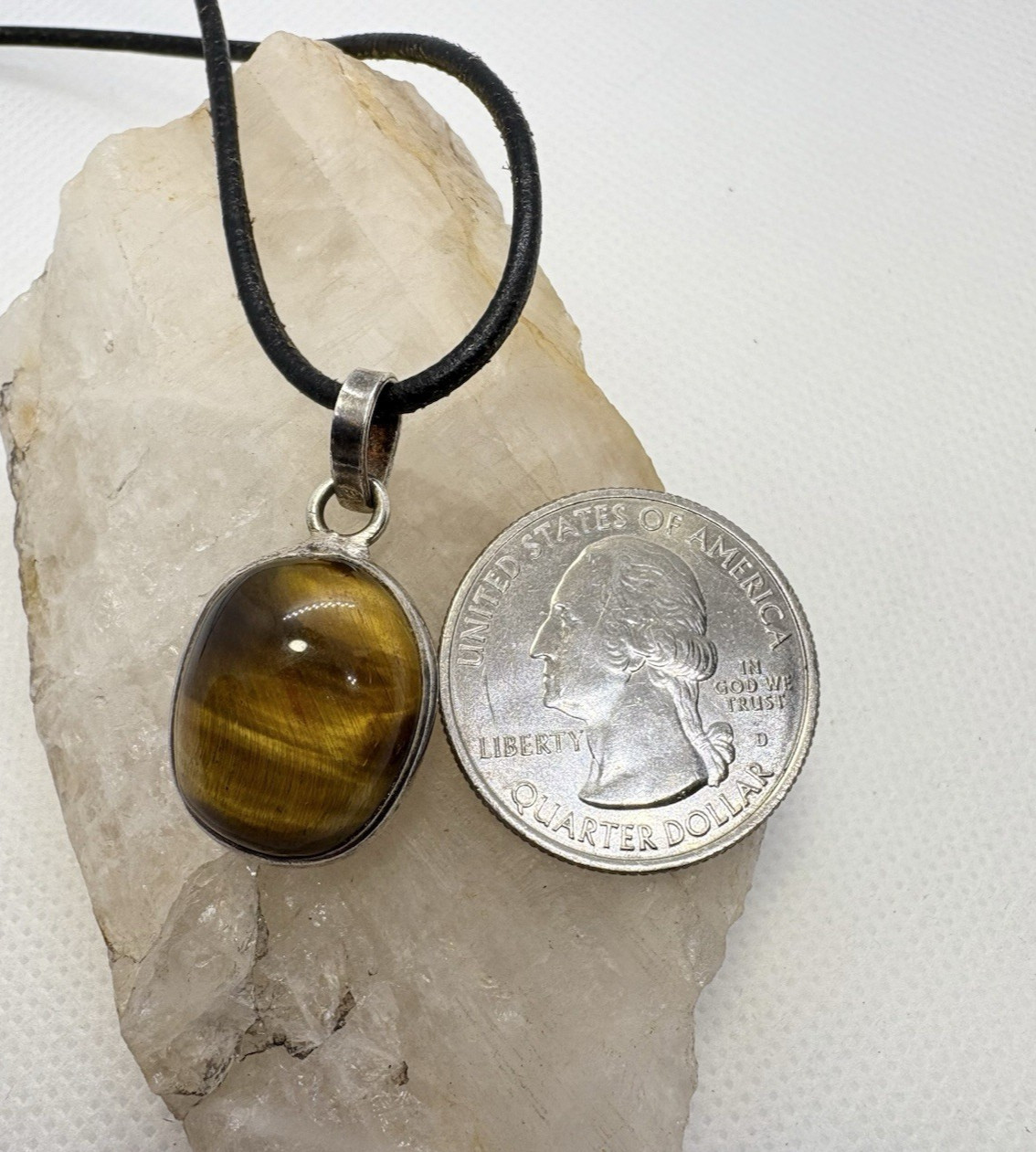 Sterling Silver Tiger’s Eye Pendant Necklace on Leather Cord 16–17” Adjustable