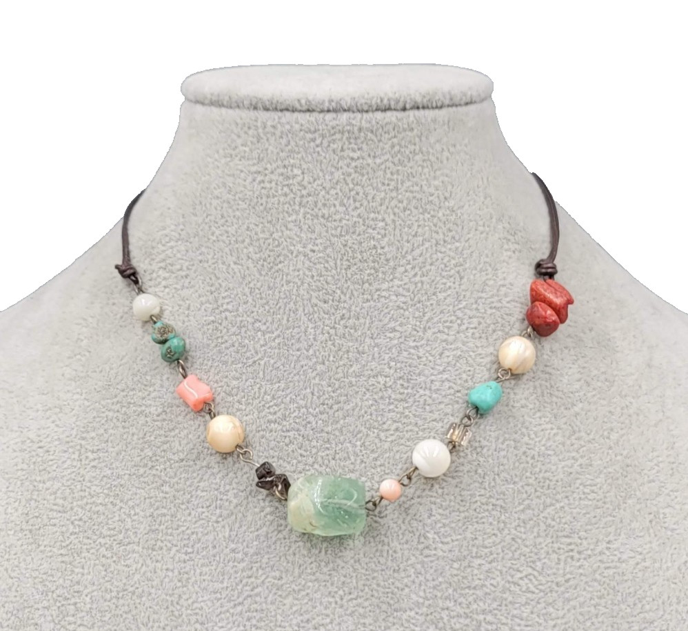 Multiple Gemstone Beads Sterling Silver 925 Necklace Leather Cord 15″