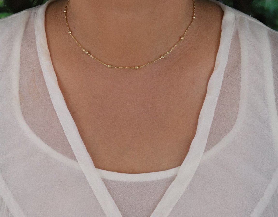 18k Gold Over Sterling Silver Beaded Station Necklace Choker 12.5″ to 14.25″ in