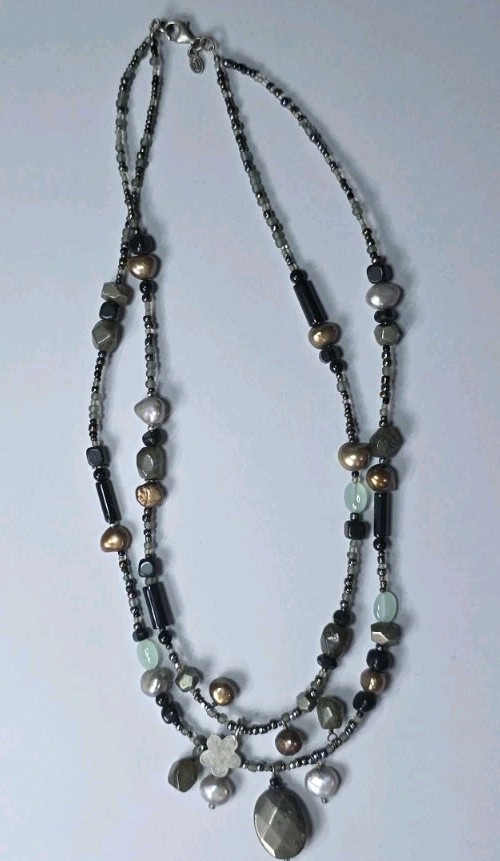Peyote Bird Semi Precious Stone & Pearl Boho Necklace W Pyrite Pendant, 925
