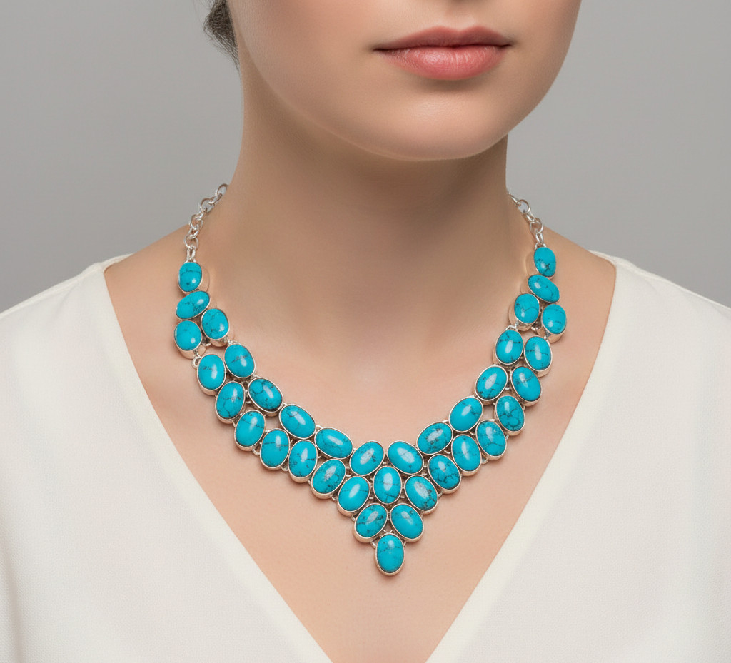 Blue Turquoise Gemstone Handmade 925 Sterling Silver Jewelry Necklace Size-18