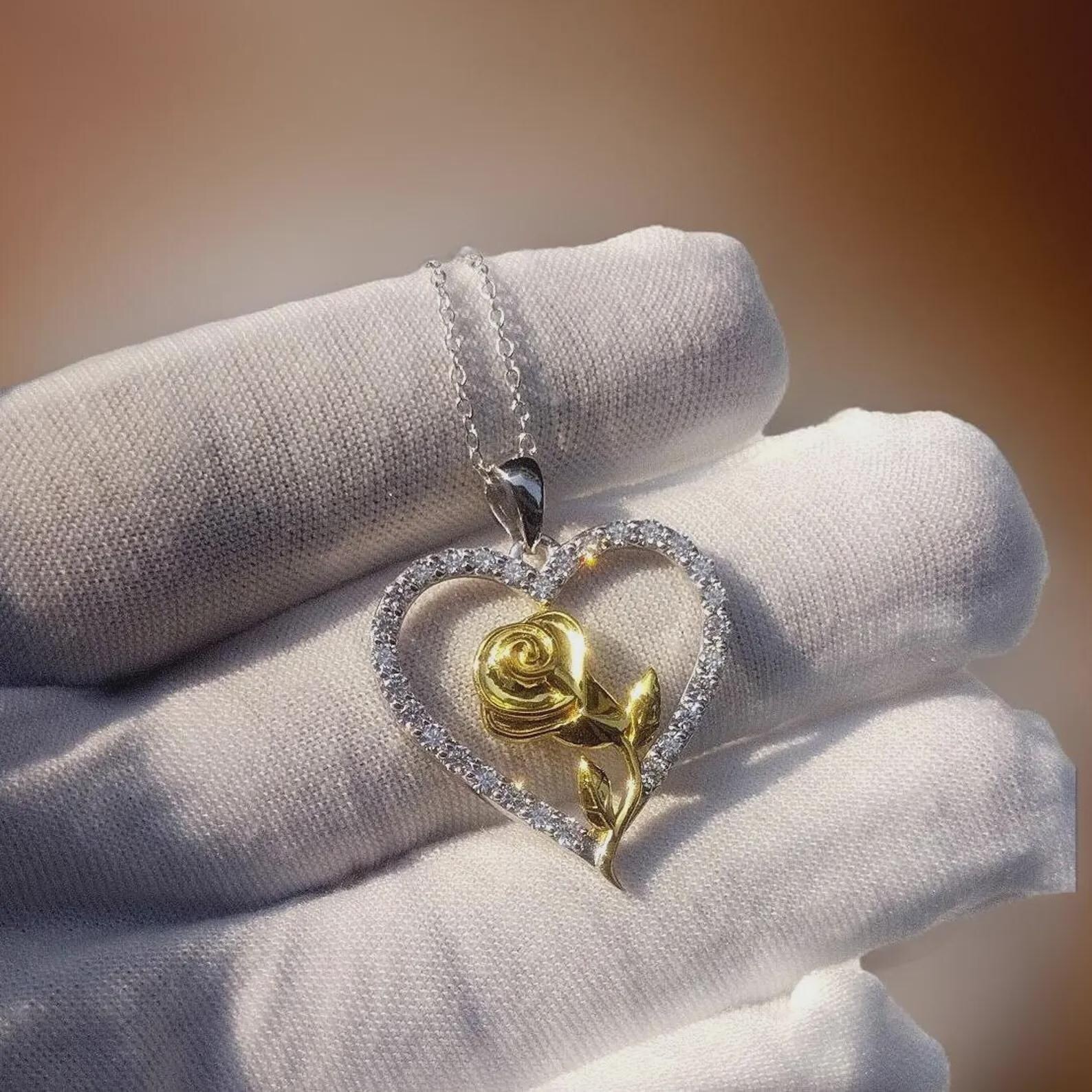 1 Ct Lab Created Round Moissanite Rose In Heart Pendant 14K Two Tone Gold Plated