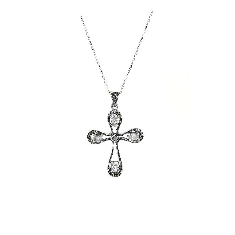925 Sterling Silver Genuine Marcasite Cross CZ Pendant Necklace – 18″