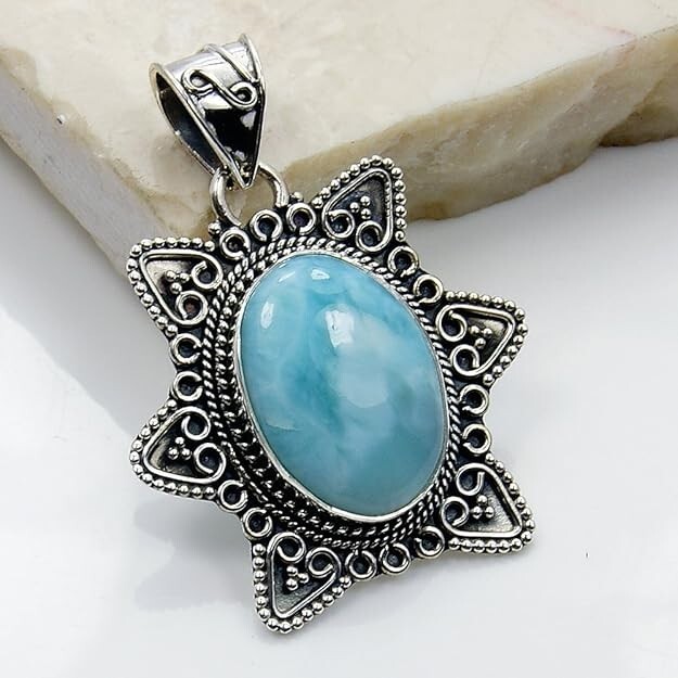 Caribbean Treasure’ Natural Larimar Pendant 925 Sterling Silver Jewelry Gift